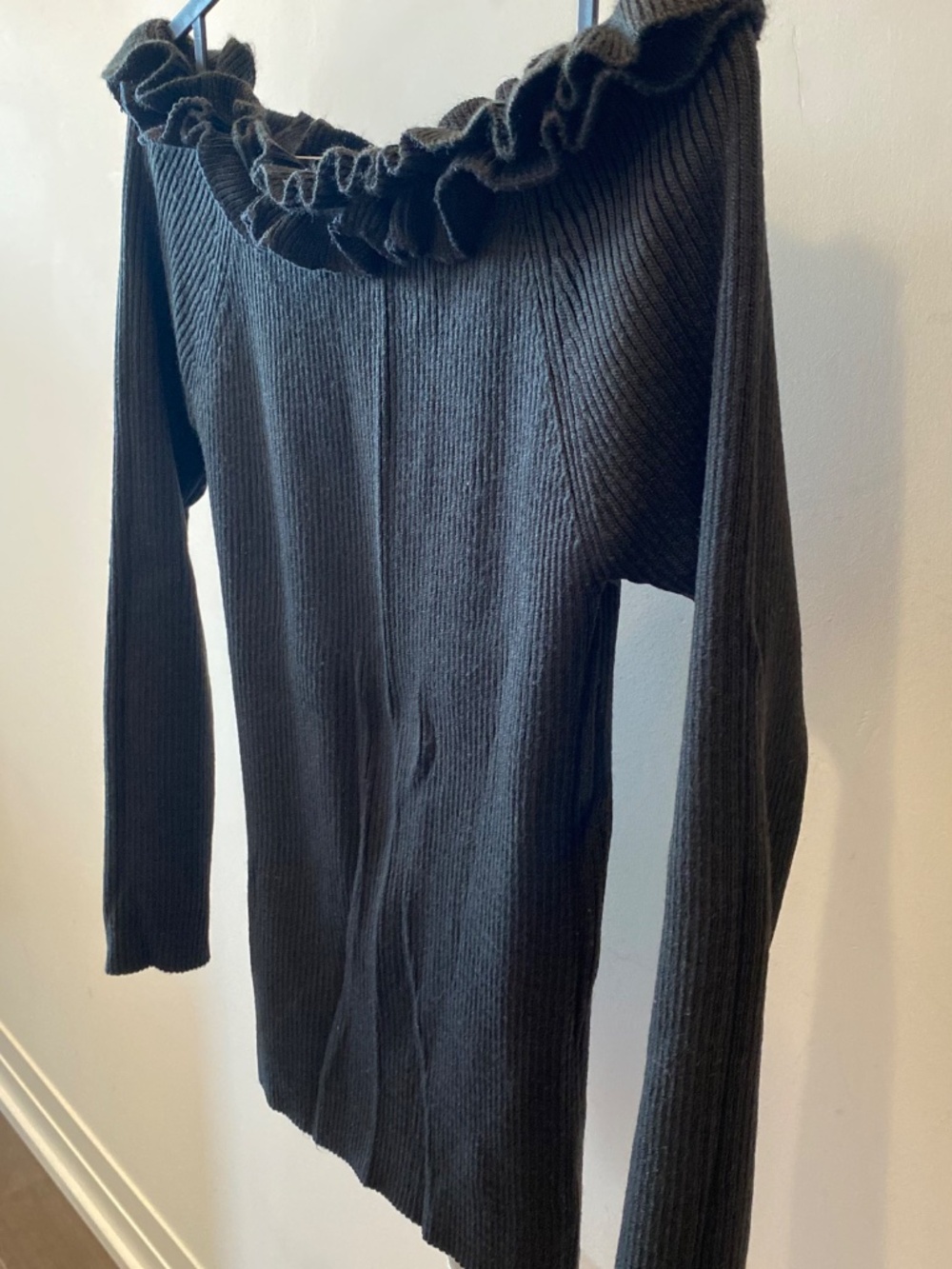 Black Ribbed Off Shoulder Ruffle Long Sleeve Top - Picture 2 of 4